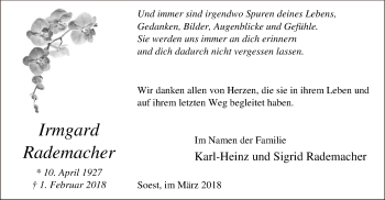 Traueranzeige von Irmgard Rademacher von MZV