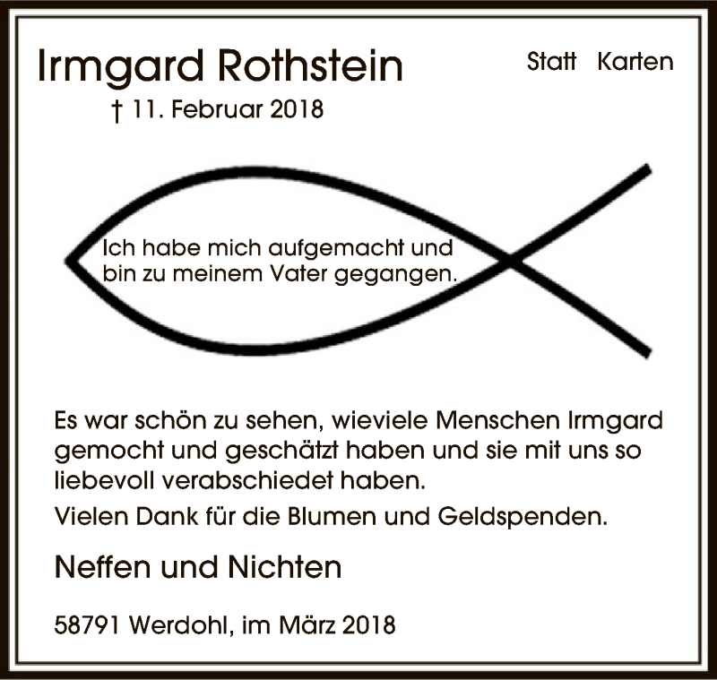  Traueranzeige für Irmgard Rothstein vom 24.03.2018 aus MZV