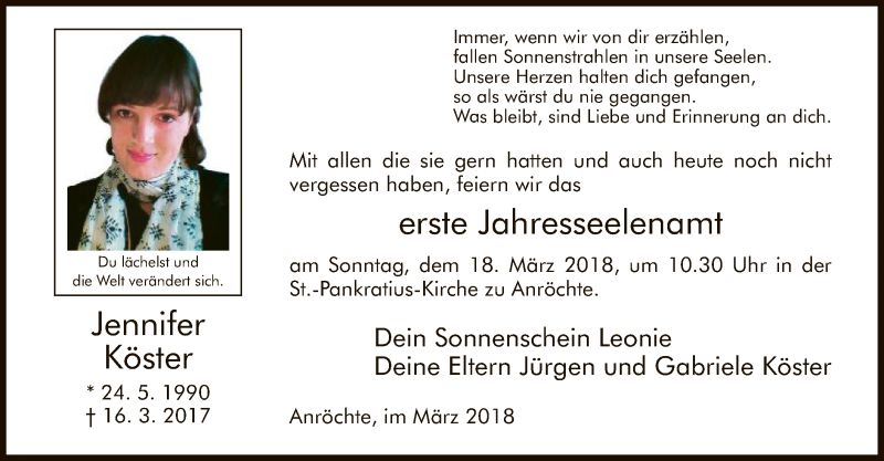  Traueranzeige für Jennifer Köster vom 14.03.2018 aus MZV