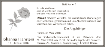 Traueranzeige von Johanna Hanstein von MZV