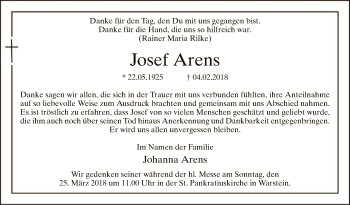 Traueranzeige von Josef Arens von MZV