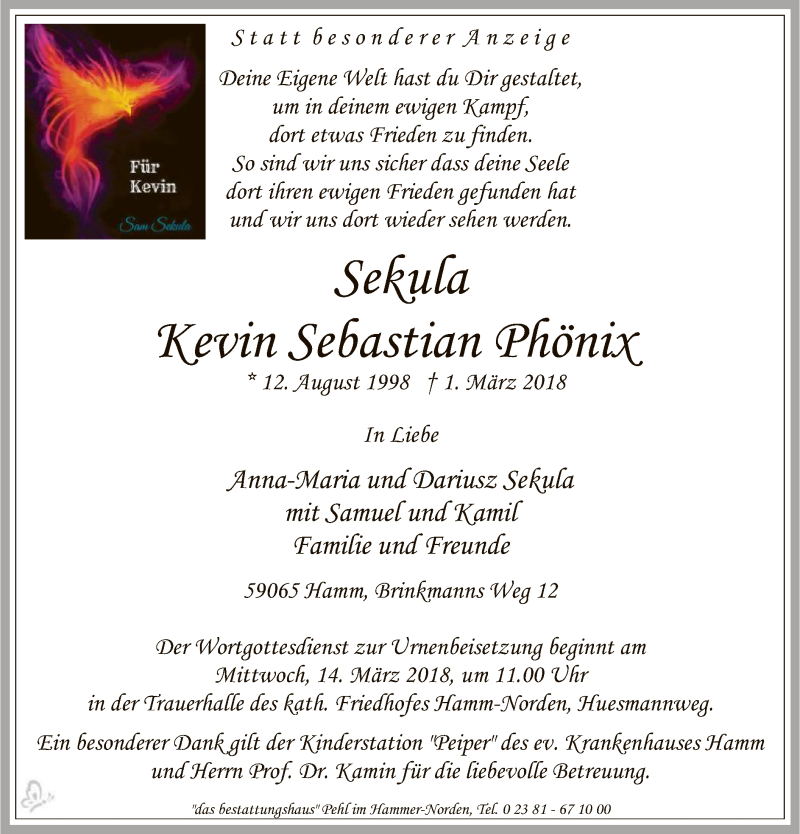  Traueranzeige für Kevin Sebastian Phönix vom 07.03.2018 aus MZV