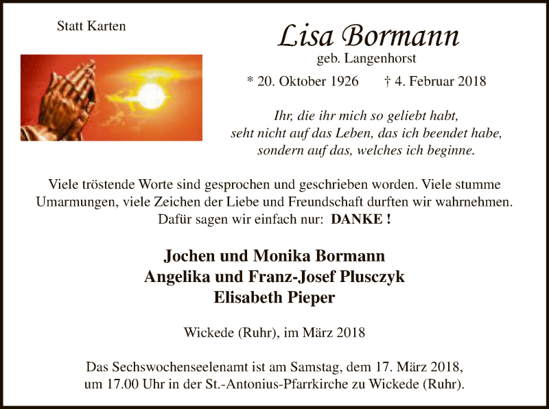  Traueranzeige für Lisa Bormann vom 13.03.2018 aus MZV