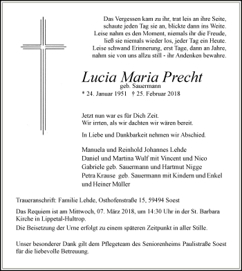 Traueranzeige von Lucia Maria Precht von MZV