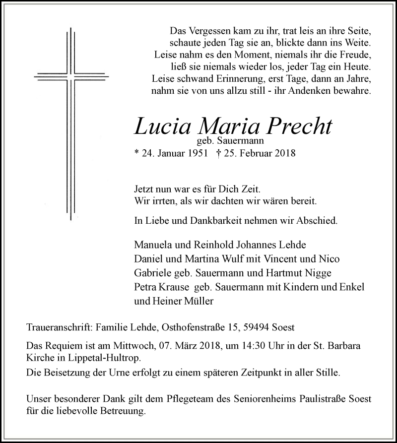  Traueranzeige für Lucia Maria Precht vom 03.03.2018 aus MZV
