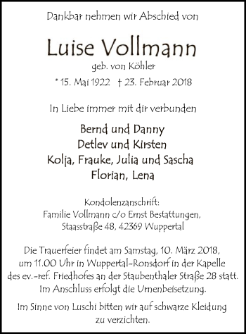 Traueranzeige von Luise Vollmann von MZV