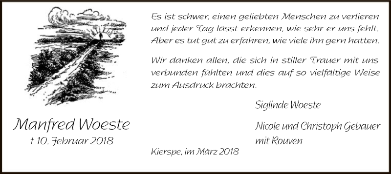  Traueranzeige für Manfred Woeste vom 24.03.2018 aus MZV