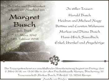 Traueranzeige von Margret Busch von MZV