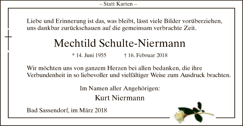  Traueranzeige für Mechtild Schulte-Niermann vom 12.03.2018 aus MZV