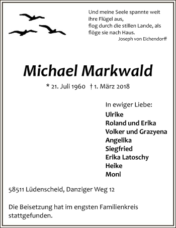 Traueranzeige von Michael Markwald von MZV