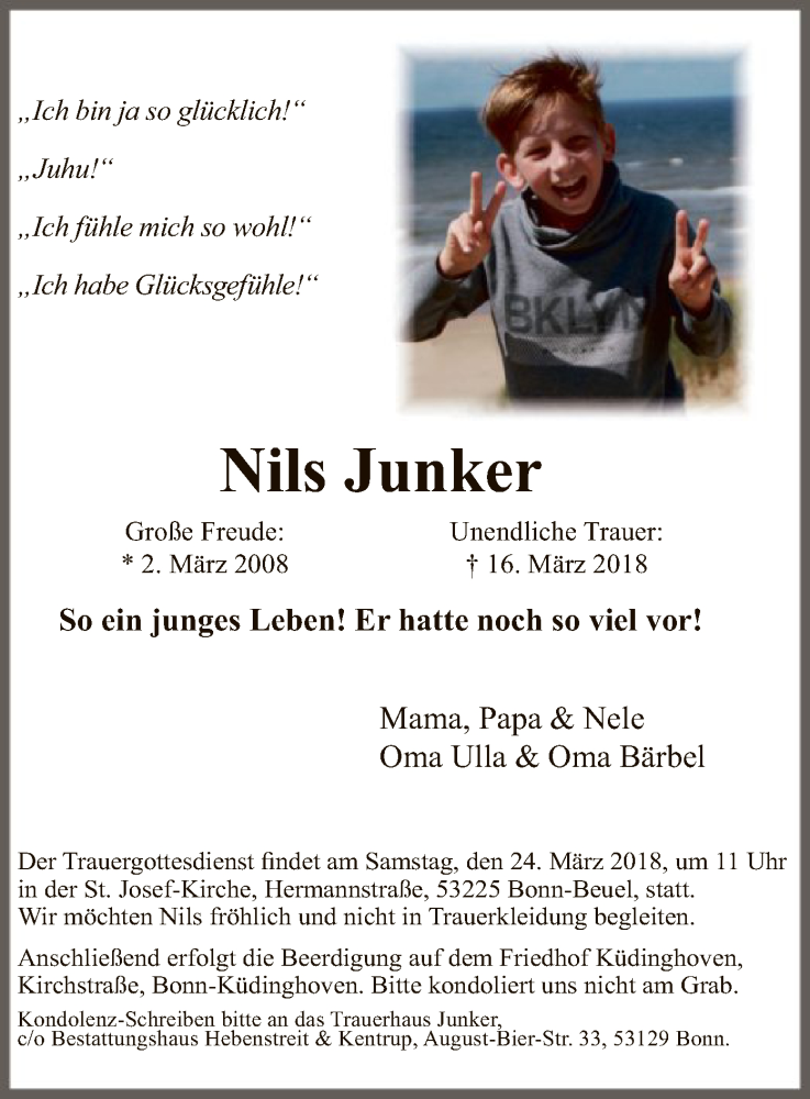  Traueranzeige für Nils Junker vom 23.03.2018 aus MZV