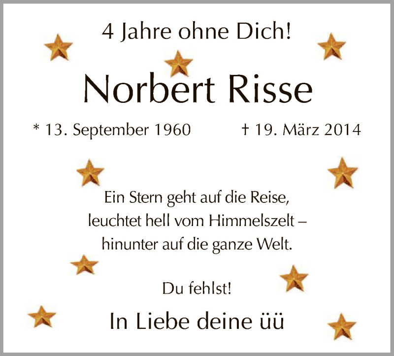  Traueranzeige für Norbert Risse vom 19.03.2018 aus MZV