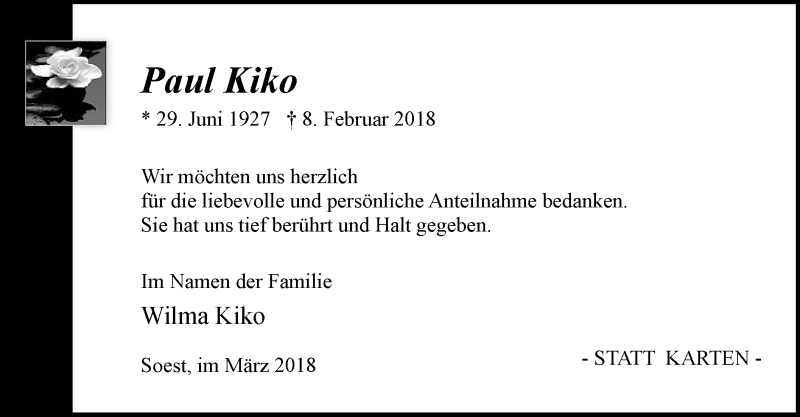  Traueranzeige für Paul Kiko vom 17.03.2018 aus MZV