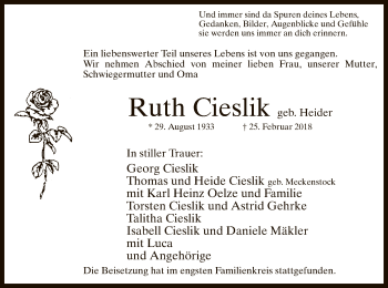 Traueranzeige von Ruth Cieslik von MZV