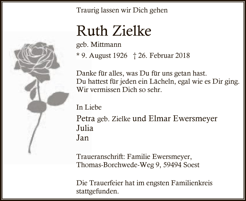  Traueranzeige für Ruth Zielke vom 07.03.2018 aus MZV