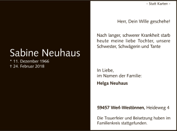 Traueranzeige von Sabine Neuhaus von MZV