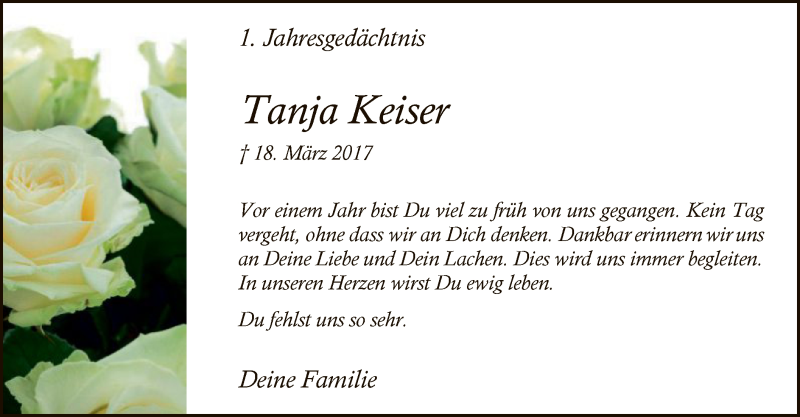  Traueranzeige für Tanja Keiser vom 17.03.2018 aus MZV