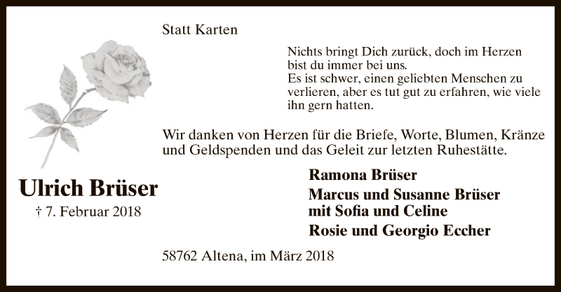  Traueranzeige für Ulrich Brüser vom 22.03.2018 aus MZV