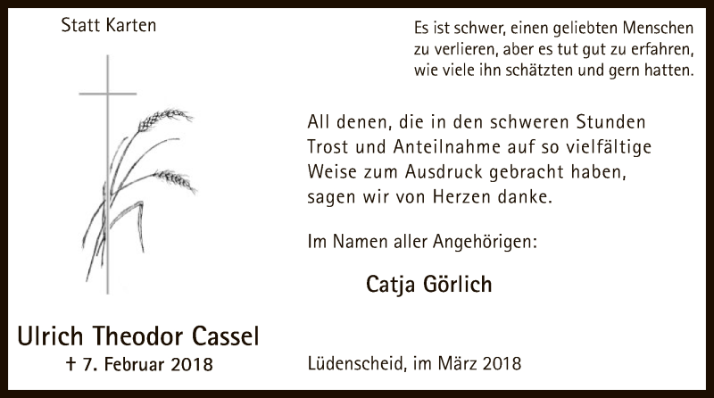  Traueranzeige für Ulrich Theodor Cassel vom 17.03.2018 aus MZV