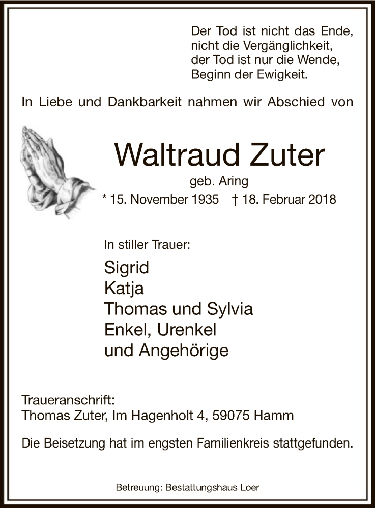  Traueranzeige für Waltraud Zuter vom 06.03.2018 aus MZV