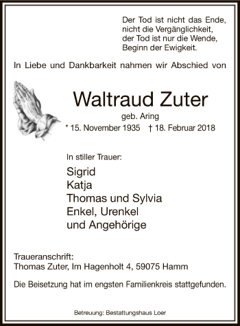 Traueranzeige von Waltraud Zuter von MZV