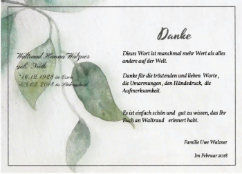 Traueranzeige von Waltraud Hanna  Walzner von MZV