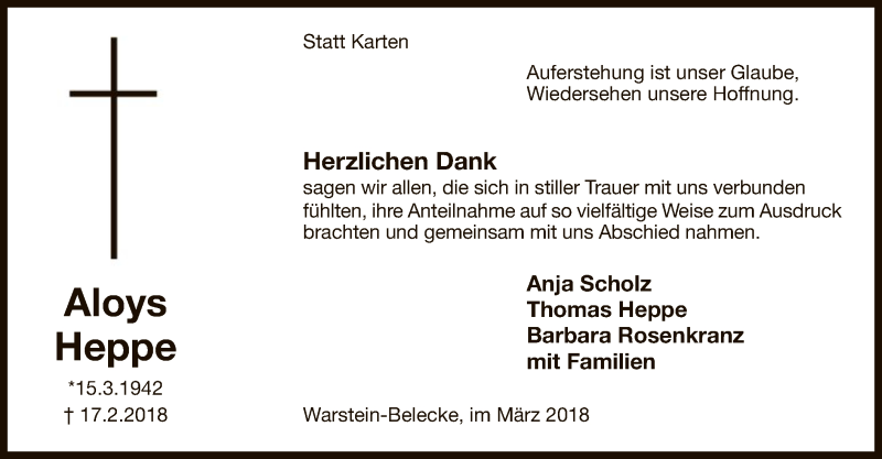  Traueranzeige für Aloys Heppe vom 31.03.2018 aus MZV