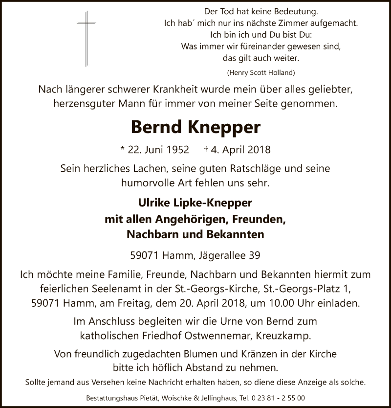  Traueranzeige für Bernd Knepper vom 13.04.2018 aus MZV