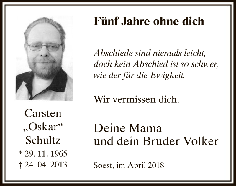  Traueranzeige für Carsten Schultz vom 24.04.2018 aus MZV