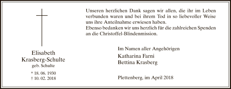  Traueranzeige für Elisabeth Krasberg-Schulte vom 05.04.2018 aus MZV