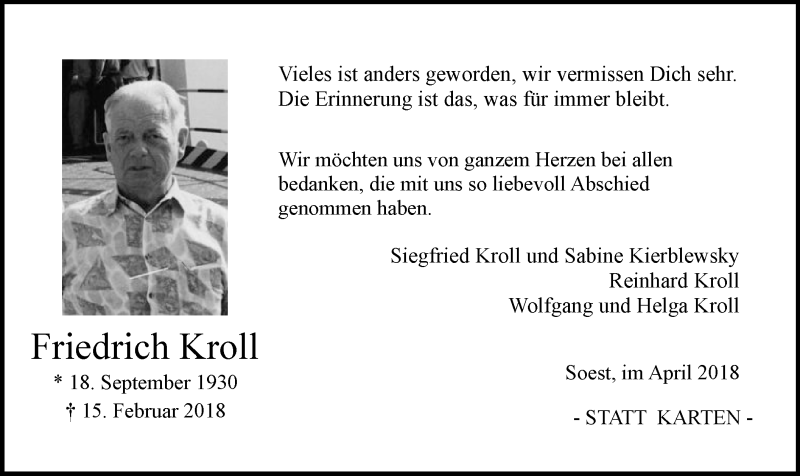  Traueranzeige für Friedrich Kroll vom 28.04.2018 aus MZV
