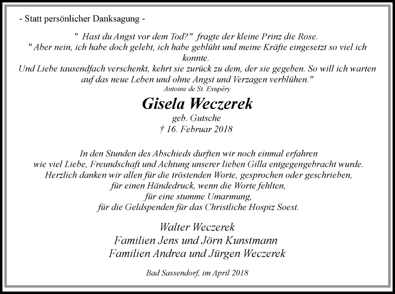  Traueranzeige für Gisela Weczerek vom 07.04.2018 aus MZV
