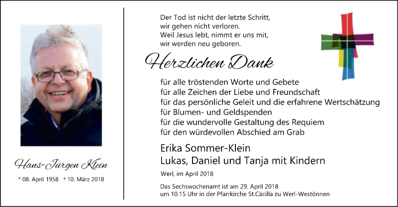  Traueranzeige für Hans-Jürgen Klein vom 18.04.2018 aus MZV