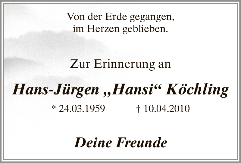  Traueranzeige für Hans-Jürgen Köchling vom 10.04.2018 aus MZV