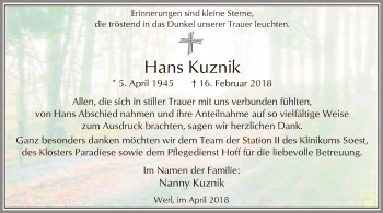 Traueranzeige von Hans Kuznik von MZV