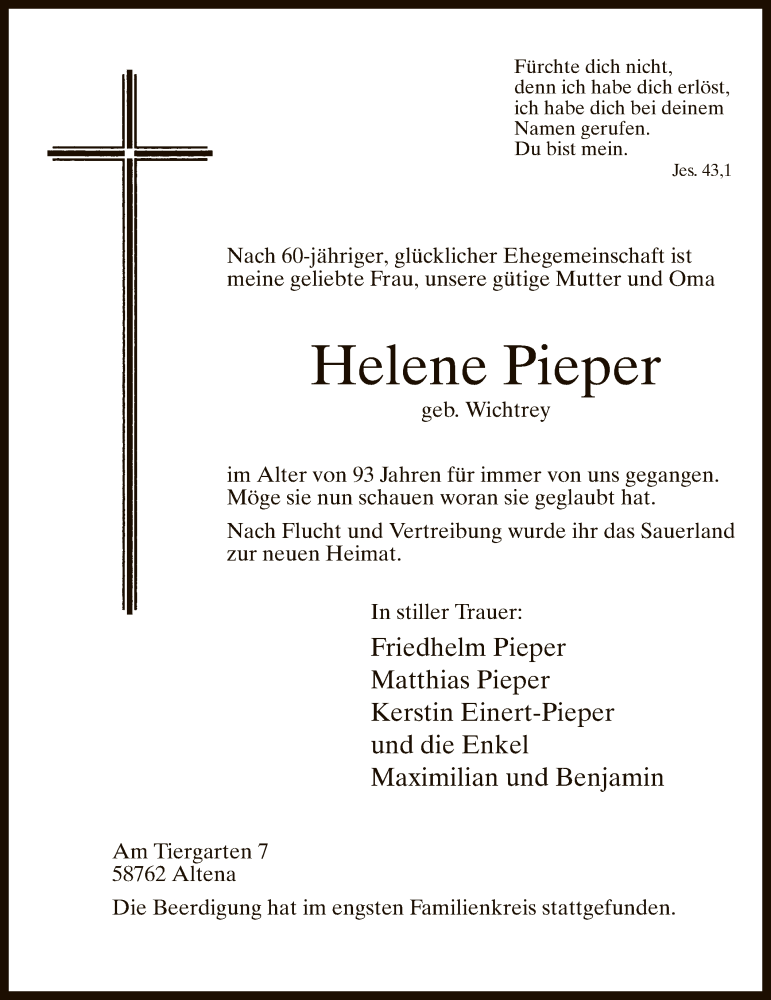  Traueranzeige für Helene Pieper vom 26.04.2018 aus MZV