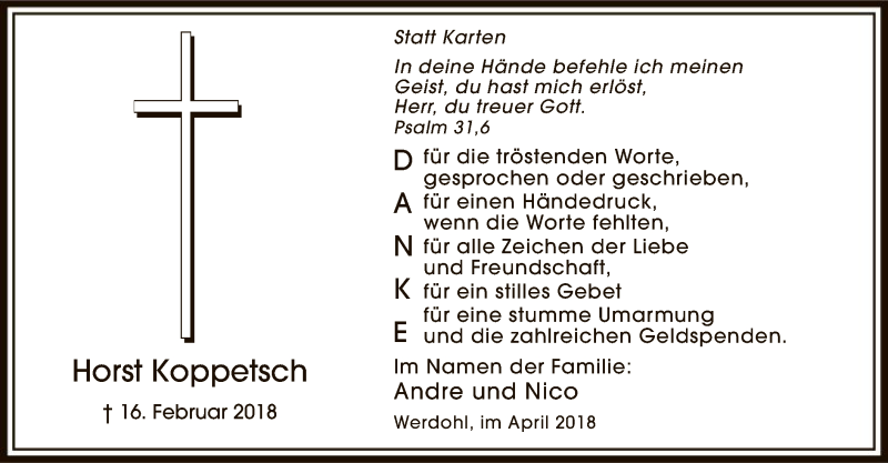  Traueranzeige für Horst Koppetsch vom 12.04.2018 aus MZV
