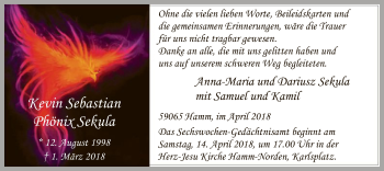Traueranzeige von Kevin Sebastian Phönix Sekula von MZV
