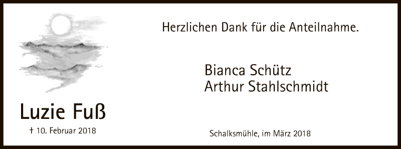  Traueranzeige für Luzie Fuß vom 31.03.2018 aus MZV