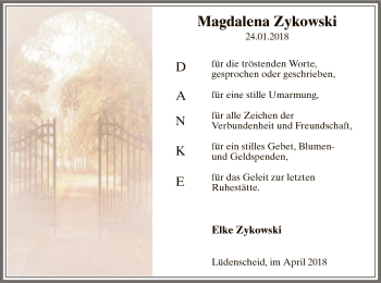 Traueranzeige von Magdalena Zykowski von MZV