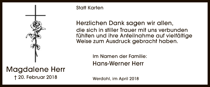  Traueranzeige für Magdalene Herr vom 11.04.2018 aus MZV