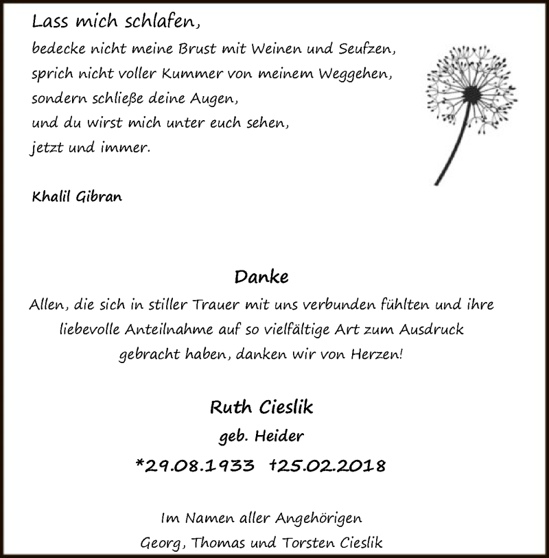  Traueranzeige für Ruth Cieslik vom 31.03.2018 aus MZV