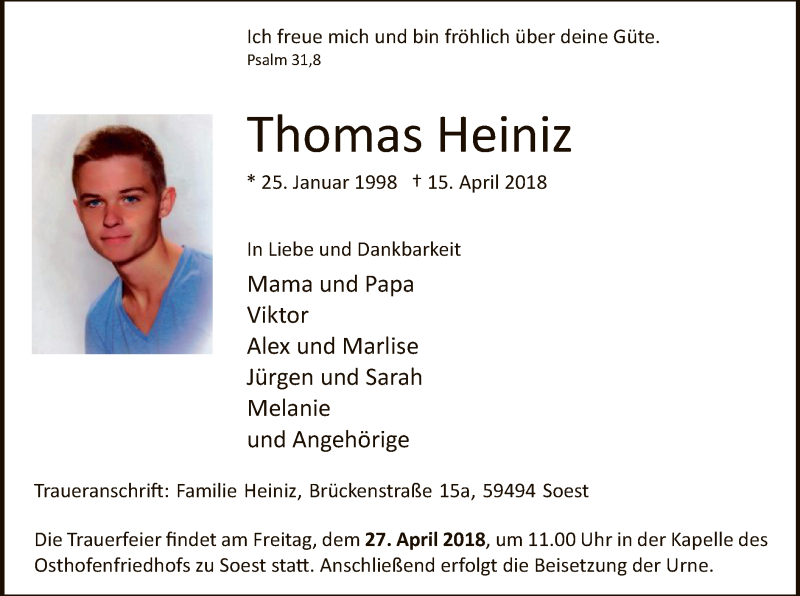  Traueranzeige für Thomas Heiniz vom 19.04.2018 aus MZV