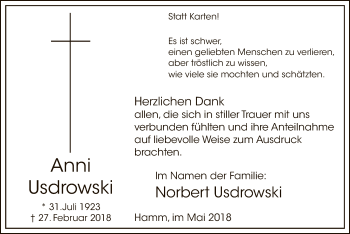 Traueranzeige von Anni Usdrowski von MZV