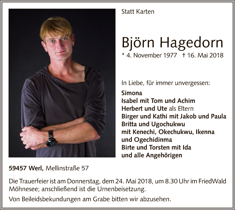  Traueranzeige für Björn Hagedorn vom 19.05.2018 aus MZV