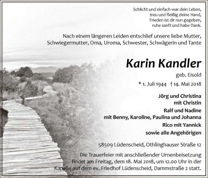  Traueranzeige für Karin Kandler vom 16.05.2018 aus MZV