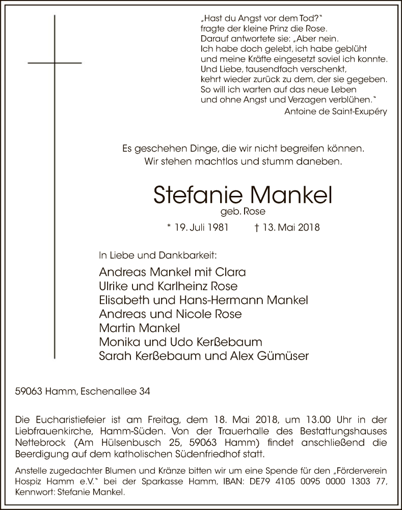  Traueranzeige für Stefanie Mankel vom 16.05.2018 aus MZV