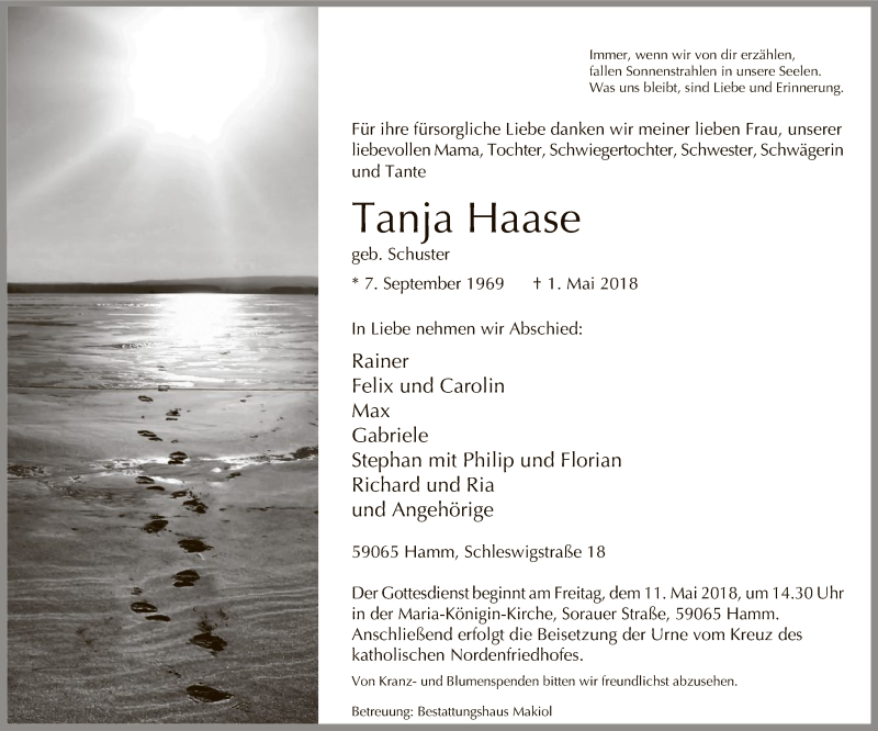  Traueranzeige für Tanja Haase vom 05.05.2018 aus MZV