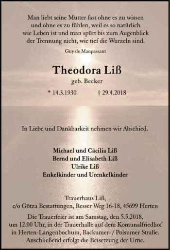 Traueranzeige von Theodora Liß von MZV