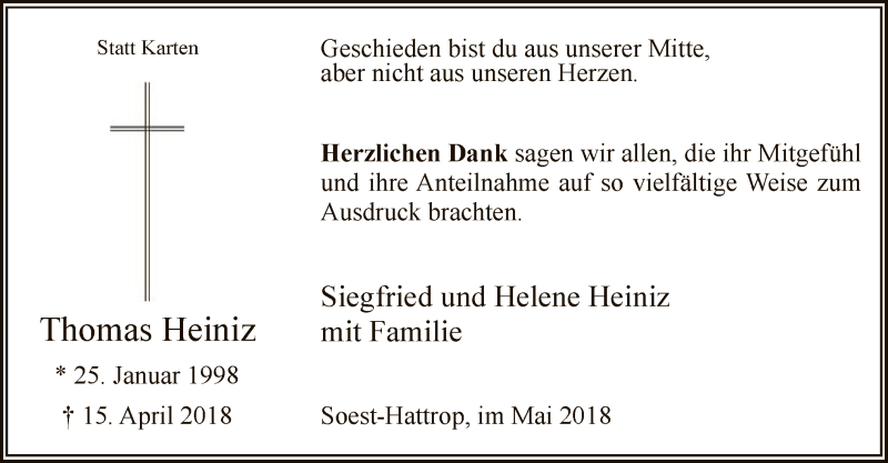  Traueranzeige für Thomas Heiniz vom 05.05.2018 aus MZV